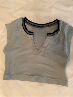 Ribbed V-Notch Crop Top in Pale Blue with Contrast Trim